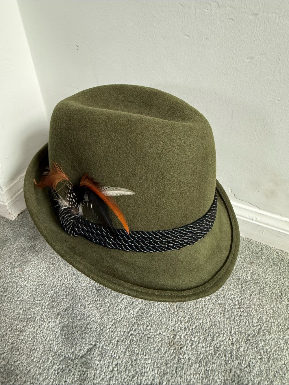 100% Wool Fedora with Feather Trim Olive Green Classy Old Money Oktoberfest